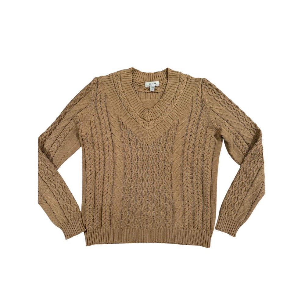 Façonnable Men's M V-Neck Cable Knit Sweater Camel Tan 100% Cotton French Design